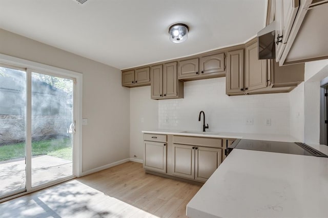 812 NW 113th St, Oklahoma City, OK 73114 - kitchen featuring a sink, light wood-type flooring, backsplash, light countertops, and baseboards