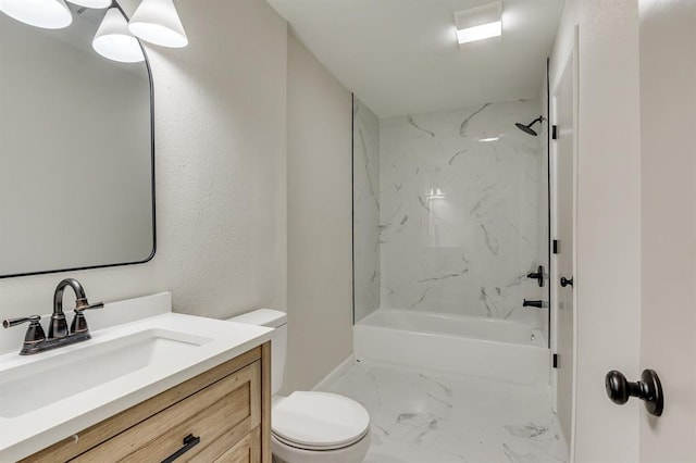 812 NW 113th St, Oklahoma City, OK 73114 - full bathroom with marble look tiles, toilet, vanity, baseboards, and bathtub / shower combination