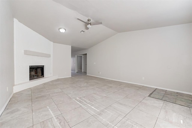 201 Kathleen Dr, Midwest City, OK 73110 - unfurnished living room featuring ceiling fan, lofted ceiling, a fireplace with raised hearth, baseboards, and light tile patterned flooring