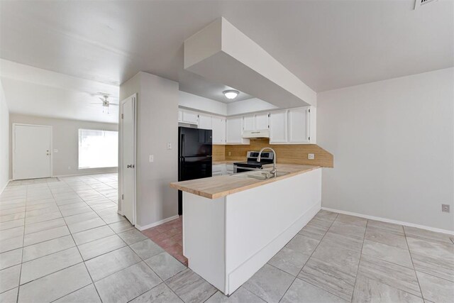 201 Kathleen Dr, Midwest City, OK 73110 - kitchen with stainless steel electric range oven, light countertops, backsplash, a peninsula, and under cabinet range hood