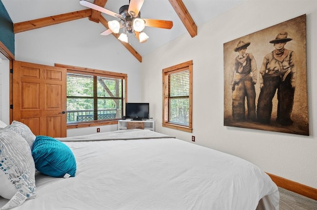 83 Bobber Rd, Broken Bow, OK 74728 - bedroom with beamed ceiling, multiple windows, baseboards, ceiling fan, and high vaulted ceiling