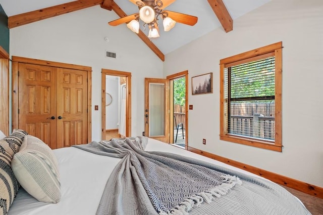 83 Bobber Rd, Broken Bow, OK 74728 - bedroom featuring beam ceiling, baseboards, high vaulted ceiling, a closet, and a ceiling fan