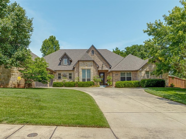 3122 Thornbrooke Blvd, Edmond, OK 73013 - french country style house featuring stone siding, a shingled roof, concrete driveway, and brick siding
