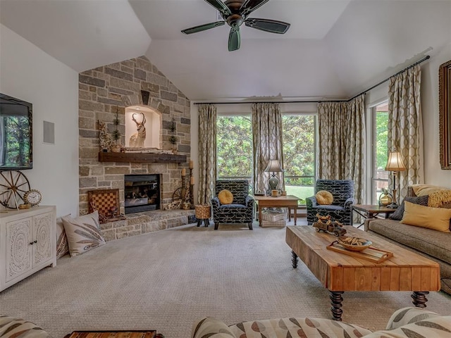 3122 Thornbrooke Blvd, Edmond, OK 73013 - carpeted living room with vaulted ceiling, ceiling fan, and a fireplace
