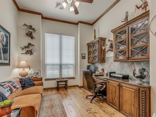 3122 Thornbrooke Blvd, Edmond, OK 73013 - office space with ornamental molding, light wood-style floors, a ceiling fan, and baseboards