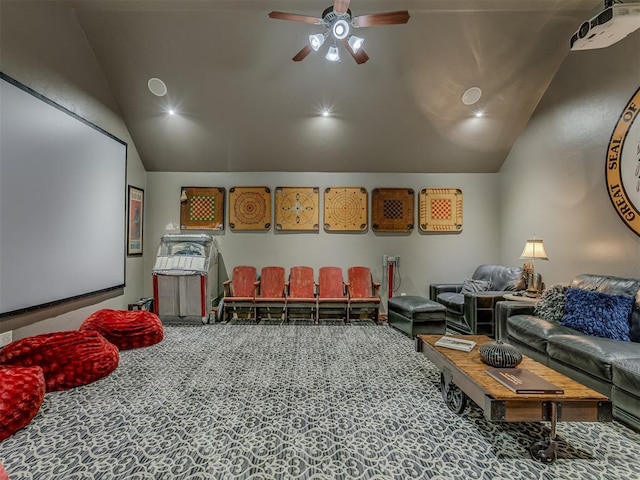 3122 Thornbrooke Blvd, Edmond, OK 73013 - cinema room featuring vaulted ceiling, carpet, ceiling fan, and recessed lighting