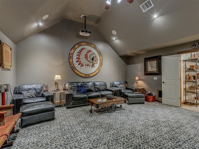 3122 Thornbrooke Blvd, Edmond, OK 73013 - carpeted living room with lofted ceiling and ceiling fan