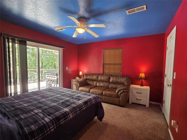 110534 S 4183rd Rd, Checotah, OK 74426 - bedroom featuring access to outside, carpet, a ceiling fan, a textured ceiling, and baseboards