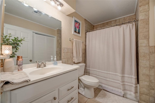 408 S 6th St, Davis, OK 73030 - bathroom featuring ornamental molding, toilet, vanity, tile patterned floors, and a shower with shower curtain