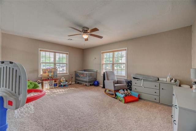 408 S 6th St, Davis, OK 73030 - bedroom with carpet floors, multiple windows, ceiling fan, a crib, and a textured ceiling