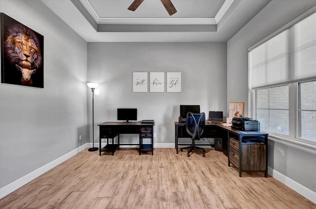 1008 Collis Way, Newcastle, OK 73065 - office featuring a tray ceiling, wood finished floors, ornamental molding, baseboards, and a ceiling fan