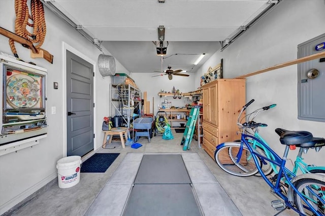 1008 Collis Way, Newcastle, OK 73065 - garage with ceiling fan, a garage door opener, and electric panel