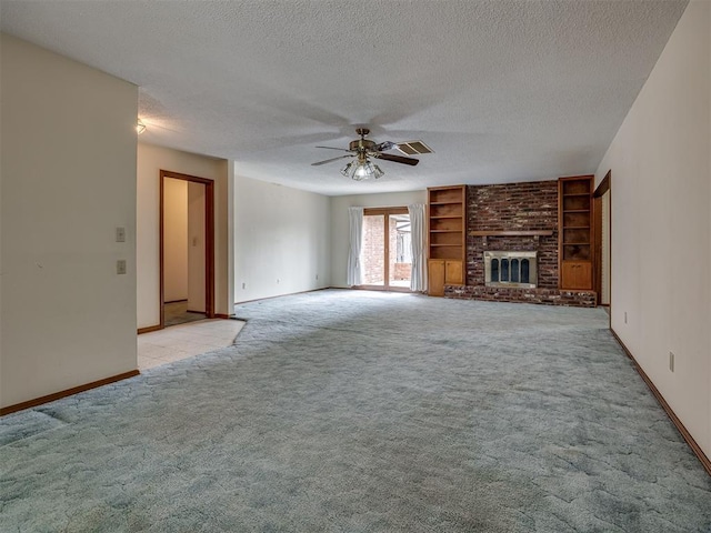 4004 N Shannon Ave, Bethany, OK 73008 - unfurnished living room featuring light carpet, ceiling fan, a textured ceiling, baseboards, and a brick fireplace