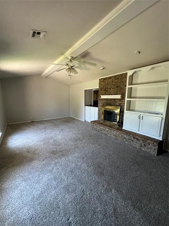 908 Linn Ln, Yukon, OK 73099 - unfurnished living room featuring ceiling fan, carpet flooring, baseboards, vaulted ceiling, and a fireplace