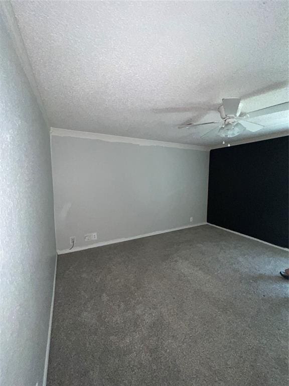 908 Linn Ln, Yukon, OK 73099 - empty room featuring a ceiling fan, carpet, ornamental molding, baseboards, and a textured ceiling