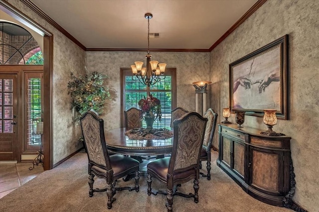 1322 Mockingbird Ln, Guthrie, OK 73044 - carpeted dining space featuring a chandelier, crown molding, and baseboards