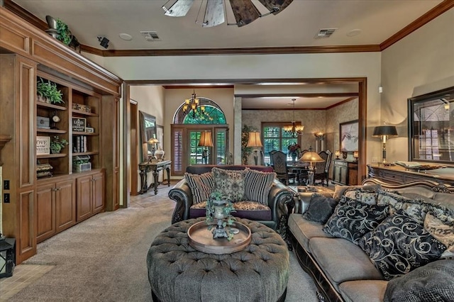 1322 Mockingbird Ln, Guthrie, OK 73044 - living room featuring a chandelier, light carpet, and ornamental molding