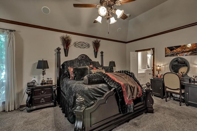1322 Mockingbird Ln, Guthrie, OK 73044 - carpeted bedroom with ensuite bath, ceiling fan, lofted ceiling, and baseboards