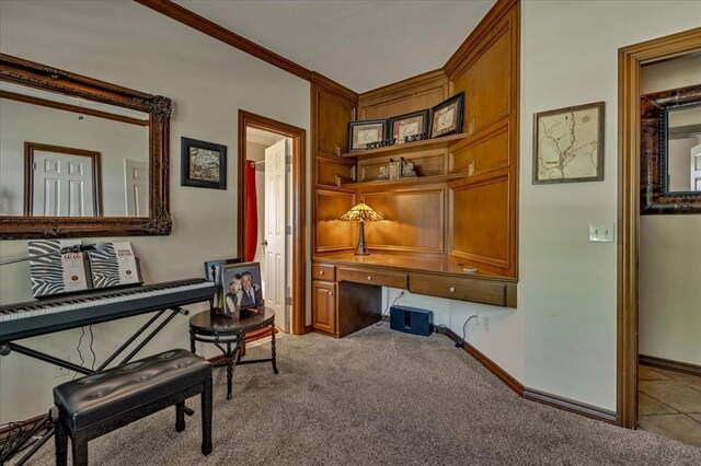 1322 Mockingbird Ln, Guthrie, OK 73044 - office space with built in study area, carpet flooring, ornamental molding, and baseboards