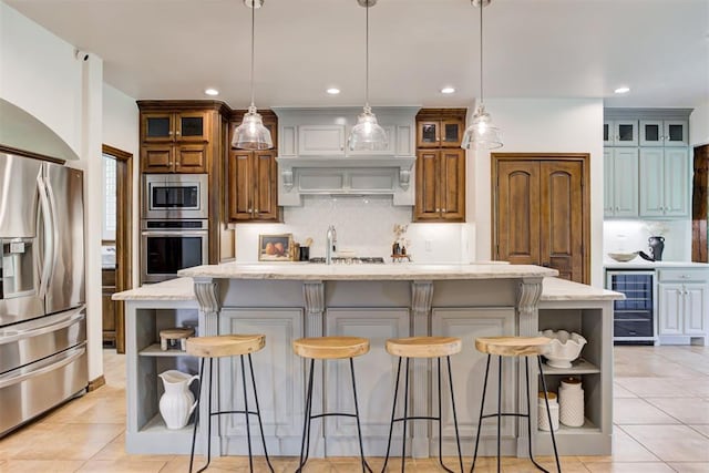 5905 Smoky Hill Trl, Edmond, OK 73034 - kitchen with open shelves, stainless steel appliances, wine cooler, backsplash, and recessed lighting