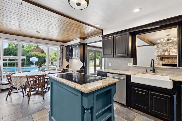 2208 Amber Rd, Oklahoma City, OK 73170 - kitchen featuring black electric stovetop, a sink, dishwasher, wood ceiling, and a center island