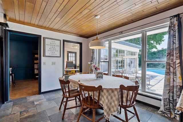 2208 Amber Rd, Oklahoma City, OK 73170 - dining space featuring healthy amount of natural light, wooden ceiling, stone finish flooring, crown molding, and baseboards