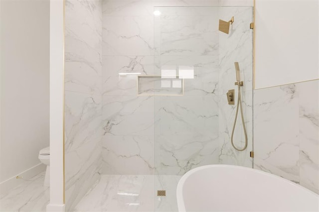 2016 NW 172nd St, Edmond, OK 73012 - full bathroom featuring toilet, a soaking tub, a marble finish shower, and marble finish floors