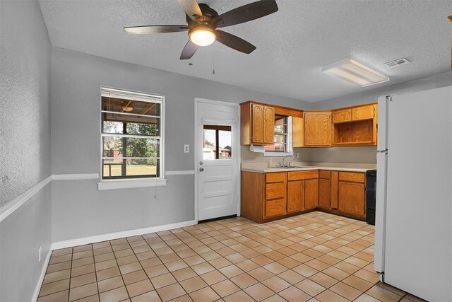 1036 Box St, Altus, OK 73521 - kitchen featuring freestanding refrigerator, a sink, a textured ceiling, light countertops, and plenty of natural light