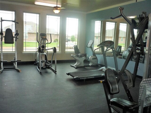 19901 Adagio Ln, Edmond, OK 73012 - workout area with ornamental molding, plenty of natural light, and a ceiling fan