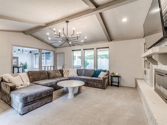 13613 Pin Oak, Edmond, OK 73013 - living room with a chandelier, carpet, a fireplace, and recessed lighting