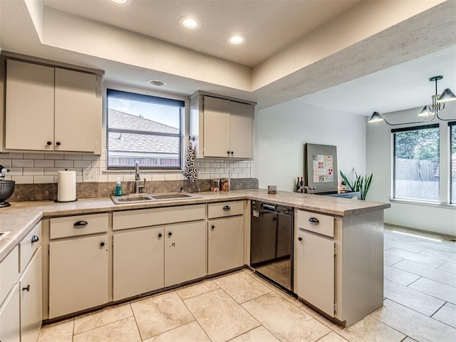13613 Pin Oak, Edmond, OK 73013 - kitchen featuring dishwasher, a sink, a peninsula, tasteful backsplash, and light countertops