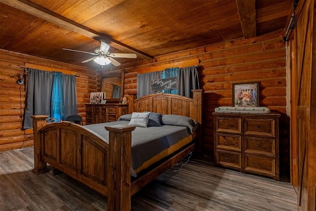 1000 N Canadian Ave, Purcell, OK 73080 - bedroom with wooden ceiling, rustic walls, dark wood-type flooring, and a ceiling fan