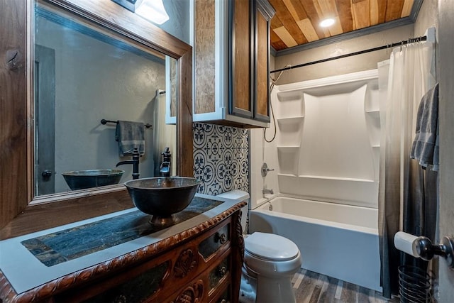 1000 N Canadian Ave, Purcell, OK 73080 - full bath with wood finished floors, vanity, shower / bath combo, toilet, and wood ceiling