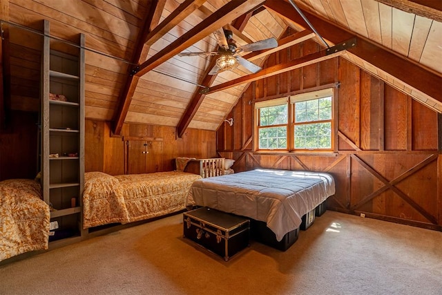 1000 N Canadian Ave, Purcell, OK 73080 - carpeted bedroom featuring wood ceiling, wooden walls, and ceiling fan