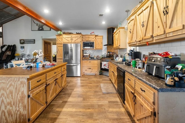 2645 E 2090th Rd, Hugo, OK 74743 - kitchen with stainless steel appliances, wall chimney exhaust hood, light wood-style flooring, a sink, and tasteful backsplash
