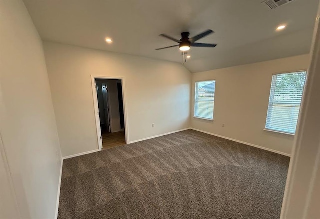 5000 SE 85th St, Oklahoma City, OK 73135 - unfurnished room with dark colored carpet, a ceiling fan, baseboards, recessed lighting, and vaulted ceiling