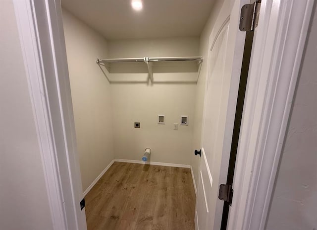 5000 SE 85th St, Oklahoma City, OK 73135 - laundry area featuring hookup for an electric dryer, wood finished floors, washer hookup, and baseboards