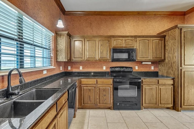 2900 Coventry Manor Dr, Oklahoma City, OK 73128 - kitchen featuring black appliances, a sink, ornamental molding, and brown cabinetry