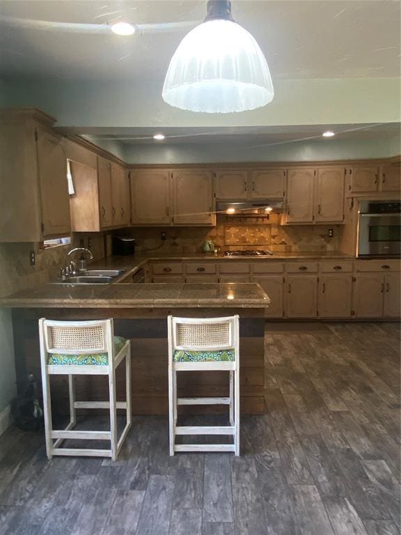 308 Jeffrey Laird Pl, Moore, OK 73160 - kitchen featuring stainless steel appliances, under cabinet range hood, a peninsula, dark wood-style floors, and backsplash