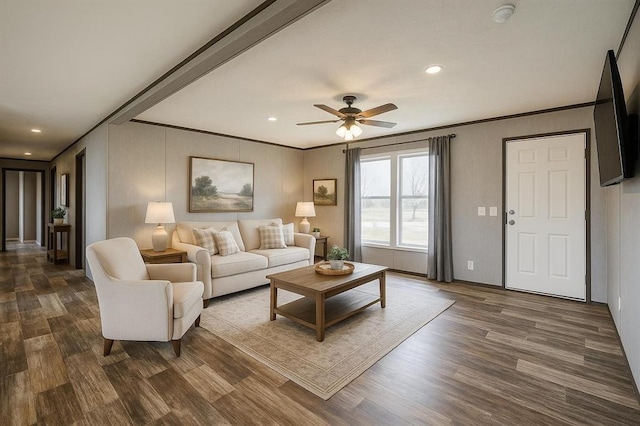 177074 Stephens Rd, Duncan, OK 73533 - living room with ornamental molding, dark wood-style floors, ceiling fan, and recessed lighting