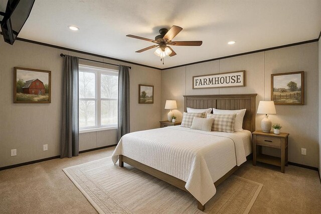 177074 Stephens Rd, Duncan, OK 73533 - bedroom featuring light colored carpet, ornamental molding, baseboards, recessed lighting, and a ceiling fan
