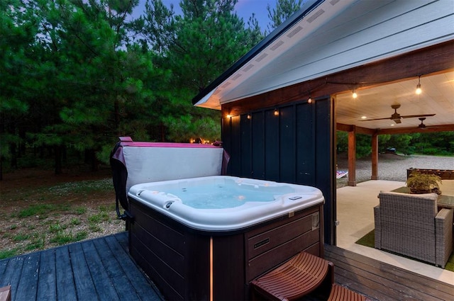 2690 Sweet Home Rd, Broken Bow, OK 74728 - deck featuring a hot tub and ceiling fan