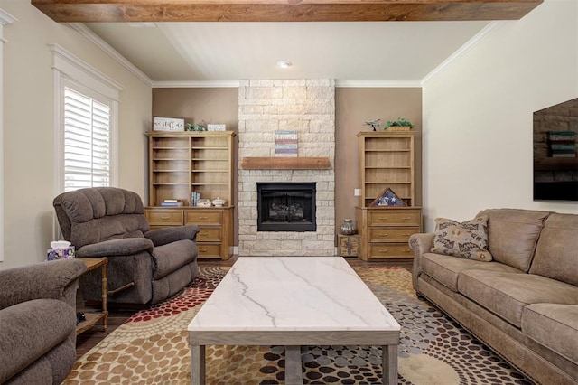 3327 Bobcat Trl, Guthrie, OK 73044 - living area featuring a stone fireplace, wood finished floors, and crown molding
