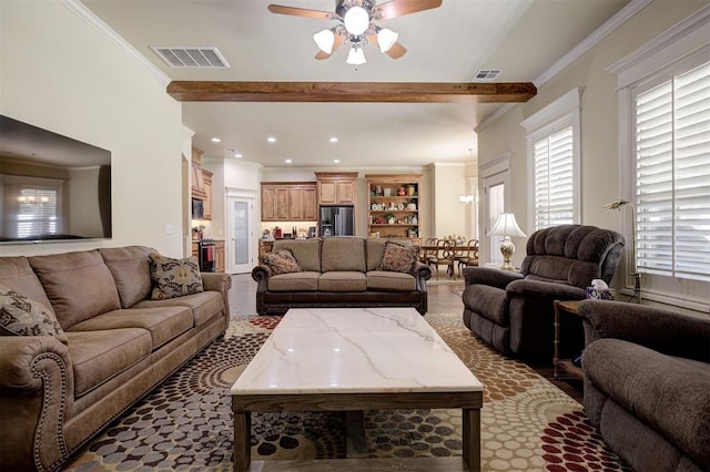 3327 Bobcat Trl, Guthrie, OK 73044 - living area with ceiling fan, crown molding, recessed lighting, and beamed ceiling