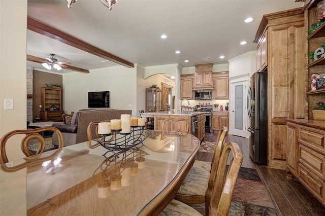 3327 Bobcat Trl, Guthrie, OK 73044 - dining room featuring dark wood-style floors, recessed lighting, ceiling fan, ornamental molding, and beam ceiling