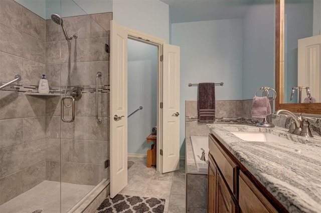 3327 Bobcat Trl, Guthrie, OK 73044 - bathroom featuring a stall shower, vanity, and a tub