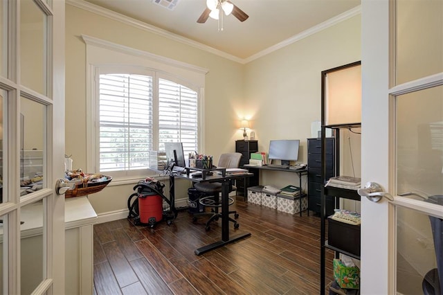 3327 Bobcat Trl, Guthrie, OK 73044 - office space featuring ceiling fan, dark wood-style flooring, and ornamental molding