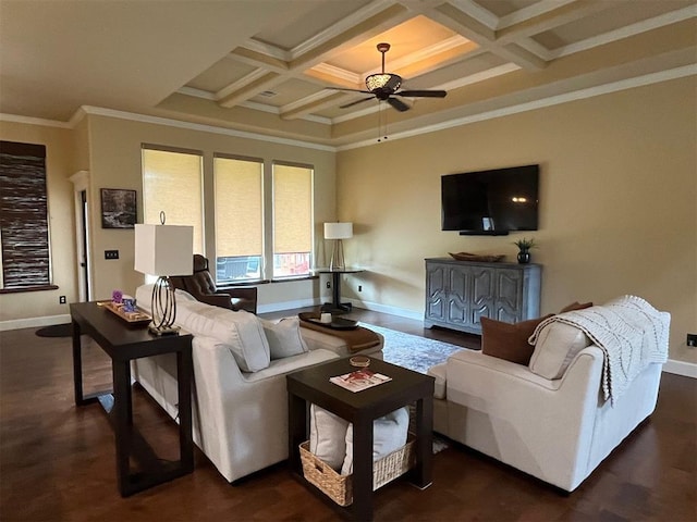 10921 SW 20th St, Yukon, OK 73099 - living room featuring ceiling fan, coffered ceiling, beamed ceiling, baseboards, and dark wood-style floors