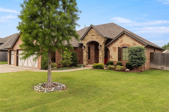 10921 SW 20th St, Yukon, OK 73099 - view of front facade featuring concrete driveway, roof with shingles, brick siding, a garage, and stone siding