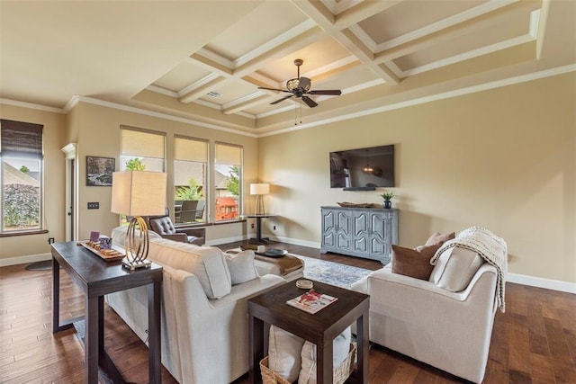 10921 SW 20th St, Yukon, OK 73099 - living room featuring a ceiling fan, dark wood-style floors, coffered ceiling, crown molding, and baseboards